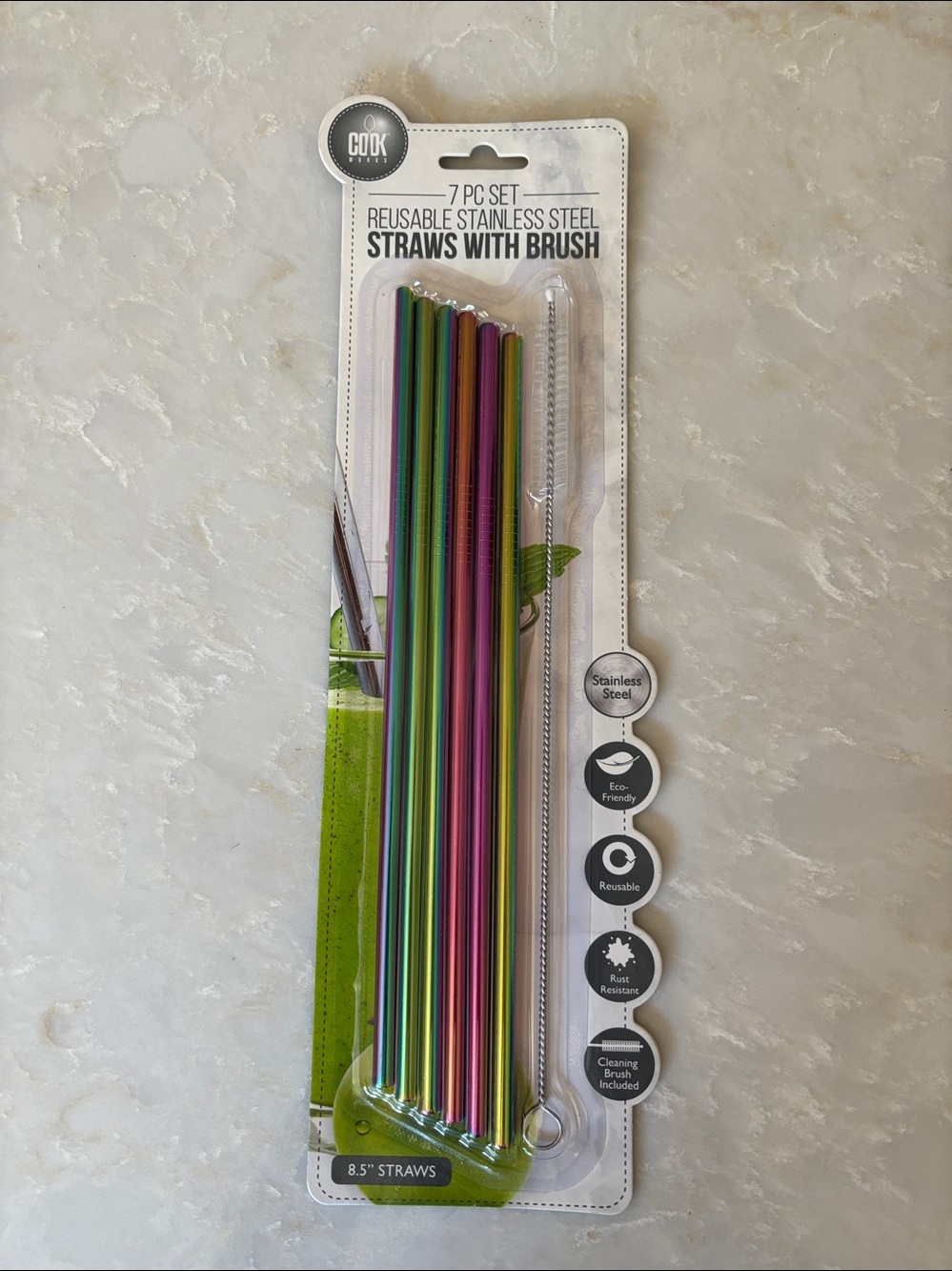 NWT iridescent Stainless Steel Reusable Straws - 7pc Set with Brush